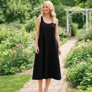 Eileen Fisher Black 100% Organic Linen Sleeveless Midi Dress Minimalist MP